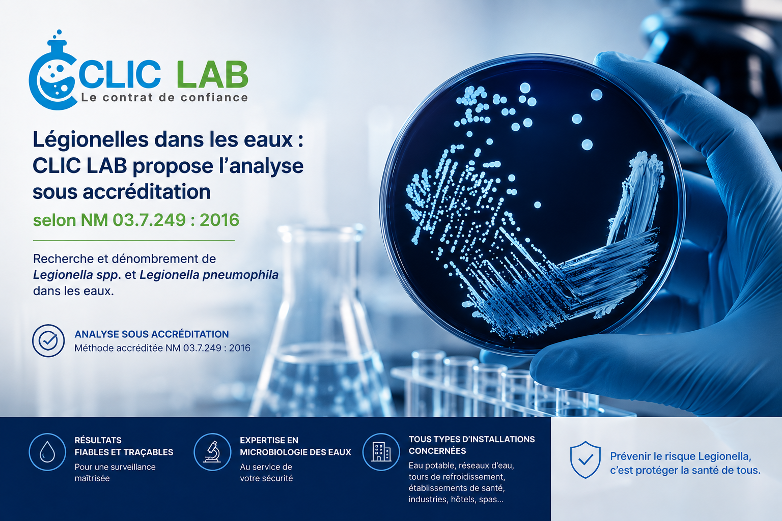 Légionelles dans les eaux : CLIC LAB propose l’analyse sous accréditation selon NM 03.7.249 : 2016